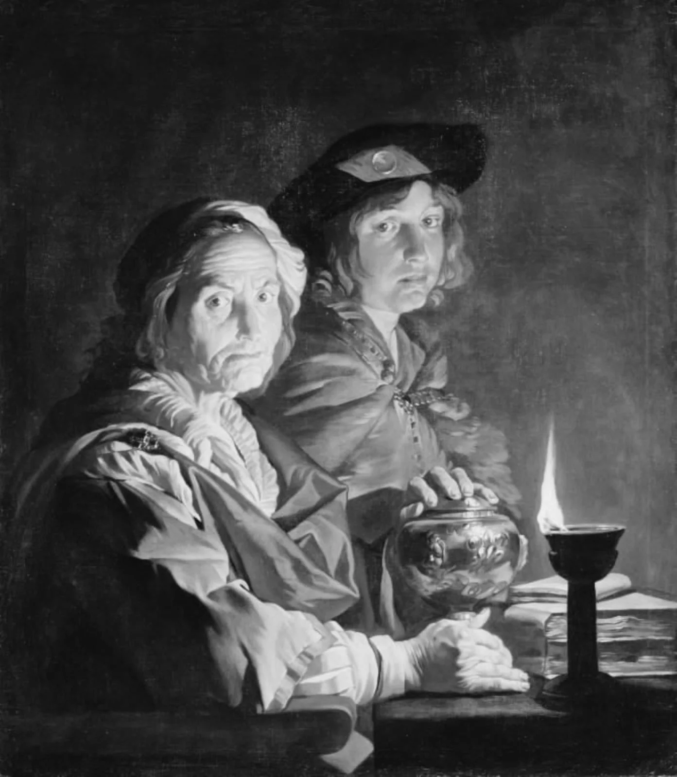 An Old Woman and a Youth by Lamplight, by Unknown, 1632