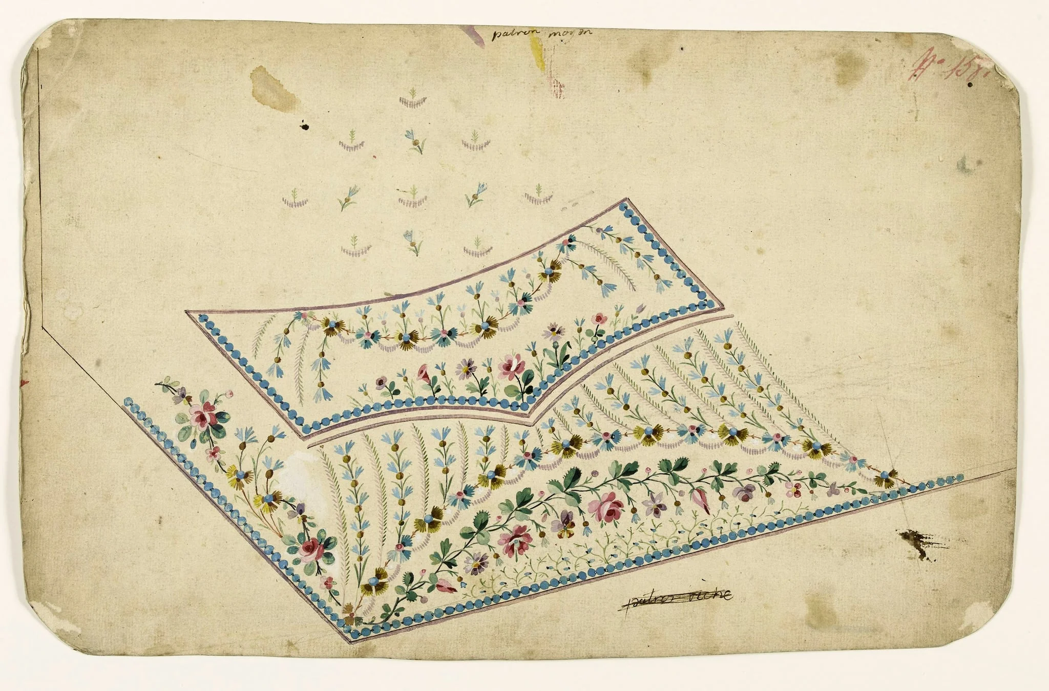 Composition de guirlandes de fleurs et de feuilles et frises de perles bleues, projets de broderies de gilet, XVIIIème siècle, by Anonyme, 1750