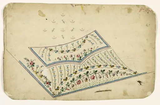 Composition de guirlandes de fleurs et de feuilles et frises de perles bleues, projets de broderies de gilet, XVIIIème siècle