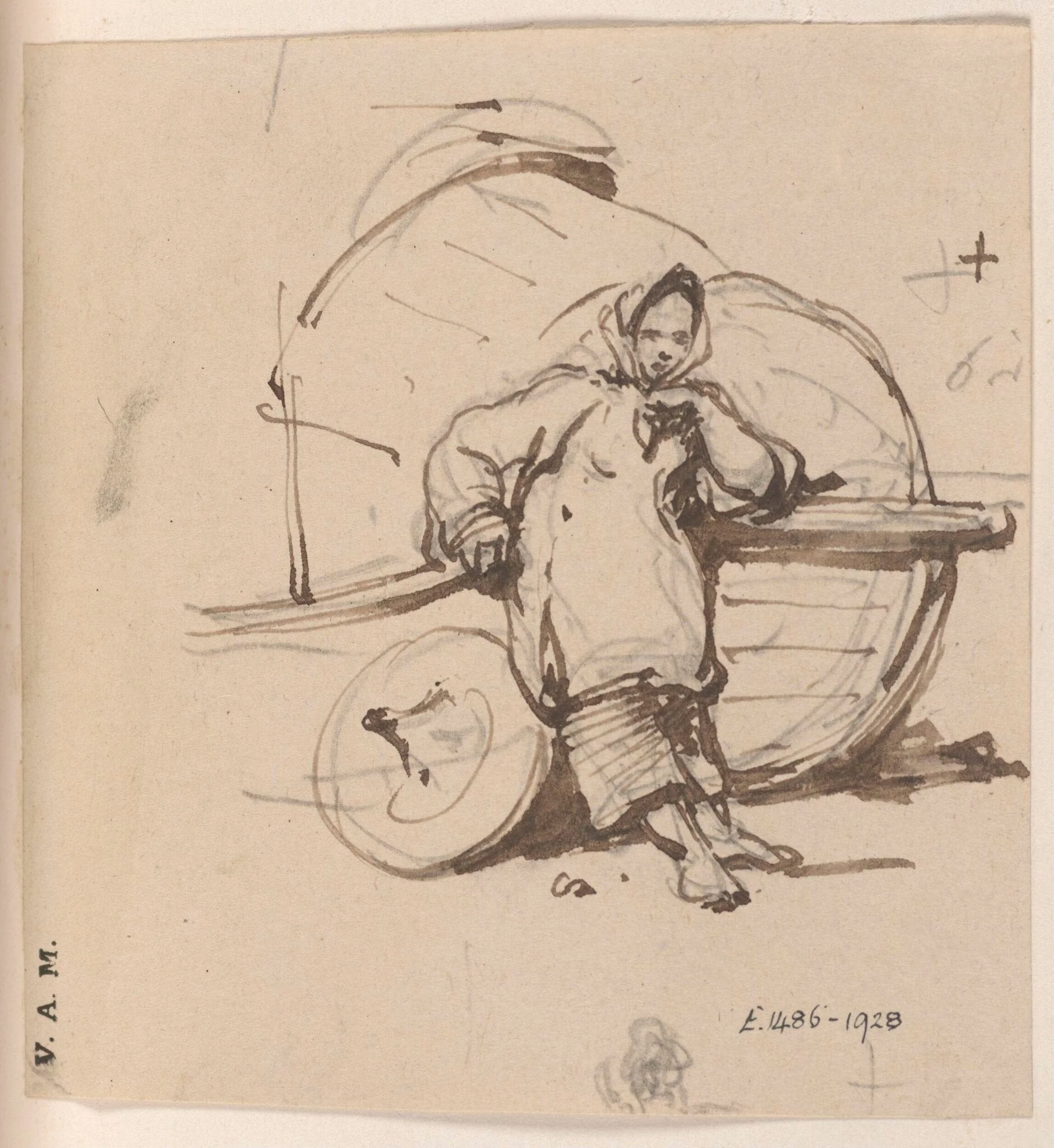 A boatwoman leaning against a beached Tanka boat, by George Chinnery, 19