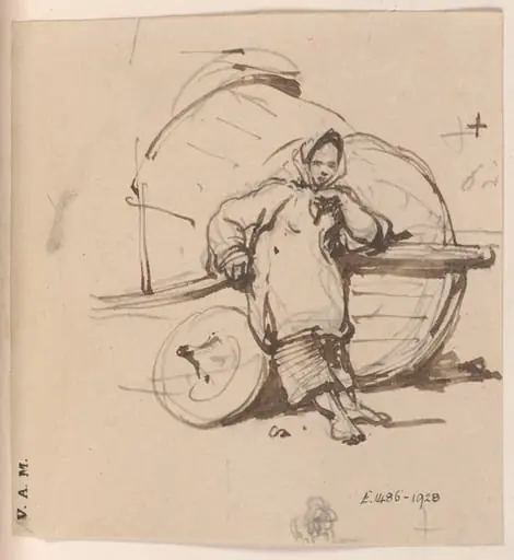 A boatwoman leaning against a beached Tanka boat