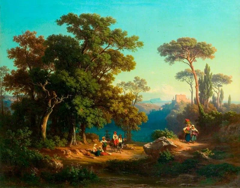 Italian Landscape with Peasants, by Johann Jakob Frey, oil, 1855