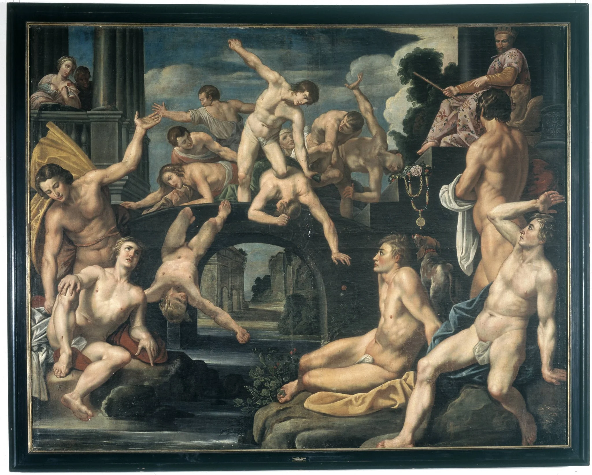 Unge mænd brydes på en bro. Allegori, by Unknown, 1622