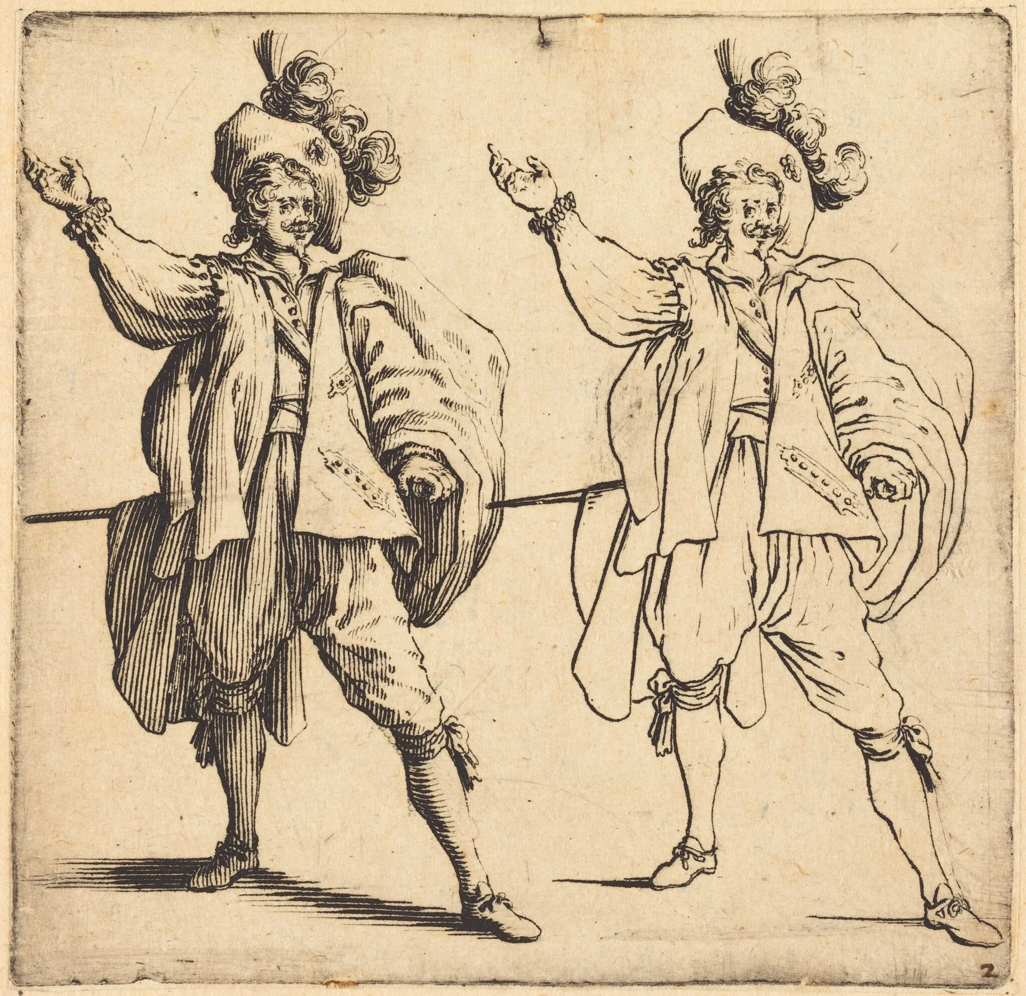 Officer with Large Plume, Front View, by Jacques Callot, ink, 1622