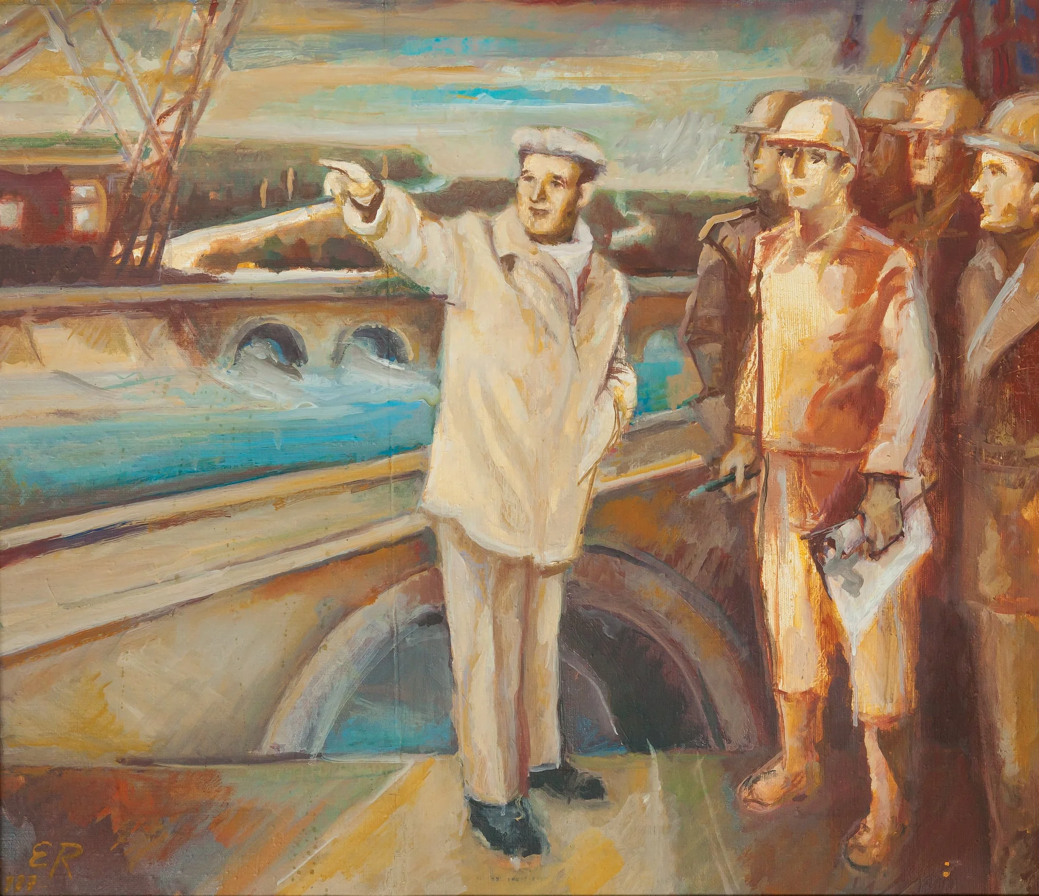 Tablou, ulei pe pânză, „Epoca marilor împliniri”, semnat E.R. și datat 1987 în partea stângă jos, atribuit lui Eugen Rascenco. Nicolae Ceaușescu este prezentat în timpul unei vizite de lucru, dând indicații muncitorilor. Comandat și oferit de Comitetul Județean de Partid Vaslui, 1987., by Eugen Rascenco