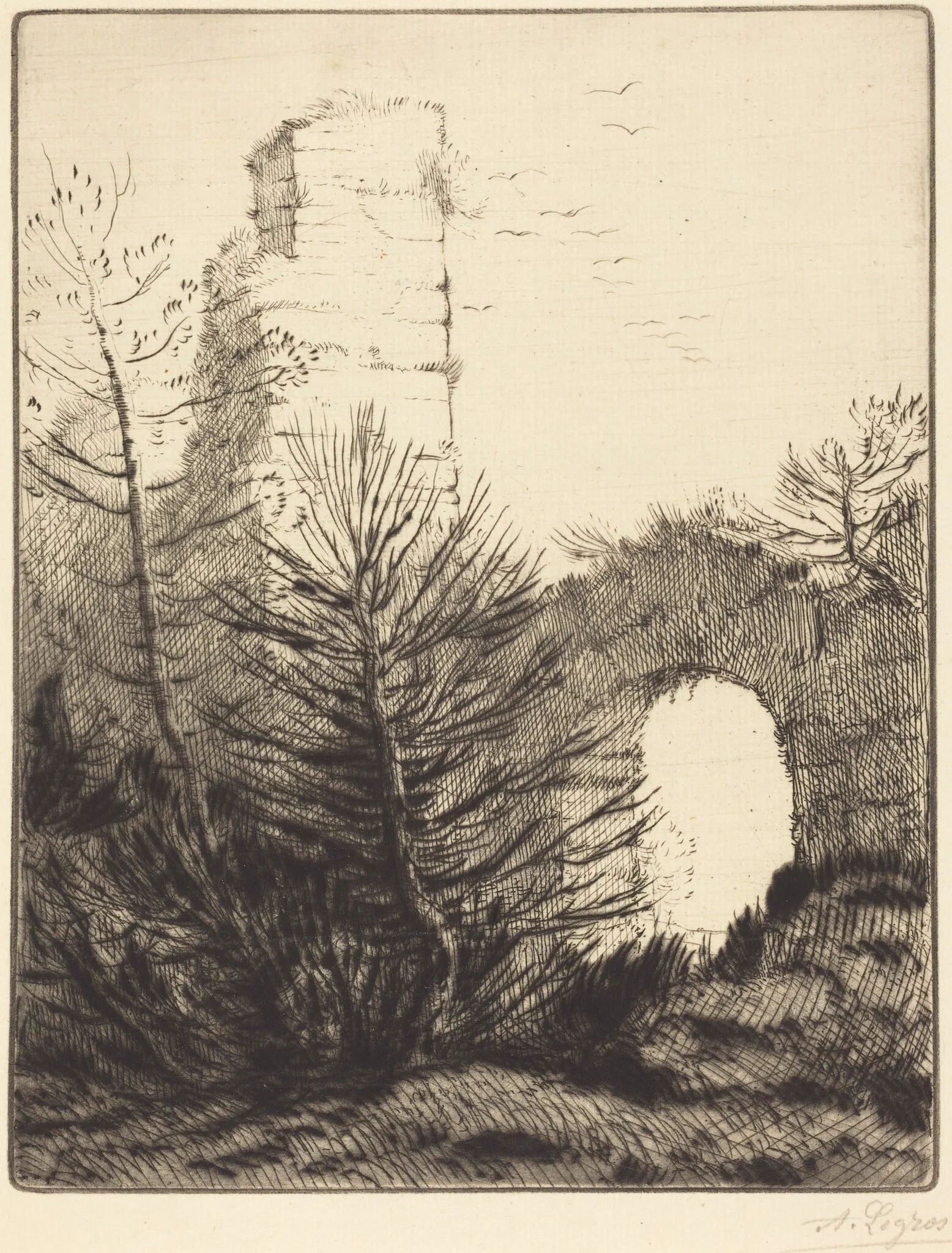 Ruins of a Monastery (Les ruines du monastere), by Alphonse Legros, ink, 1874