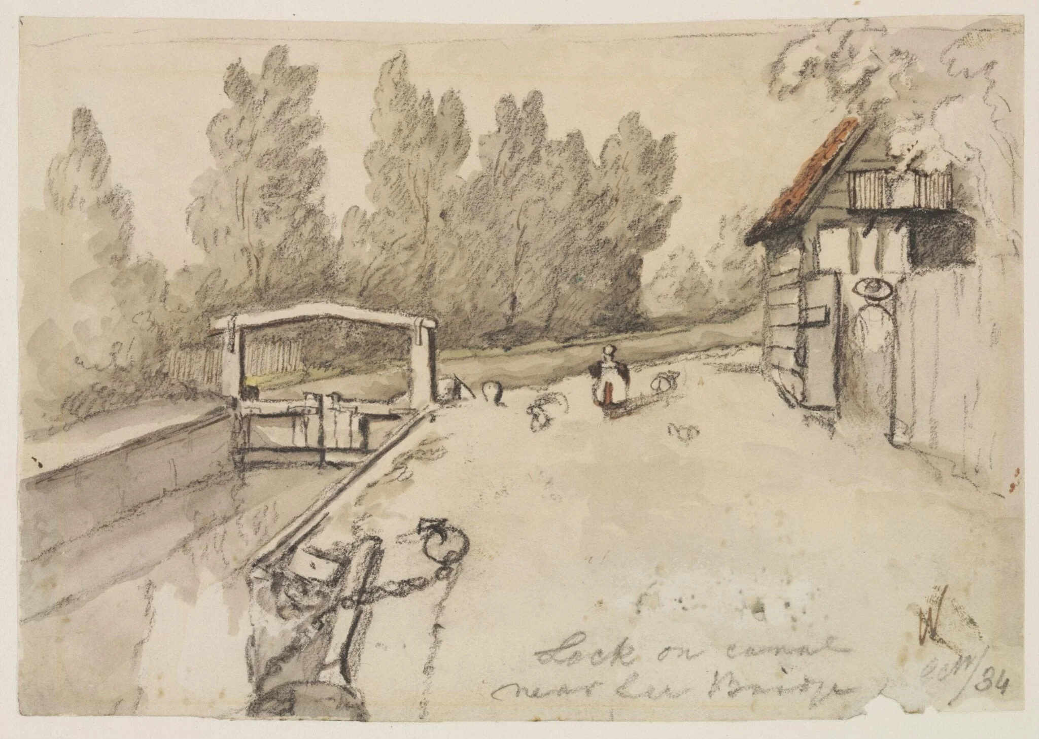 Lock on canal, near Lea Bridge., by Thomas Hosmer Shepherd, watercolor, 1834
