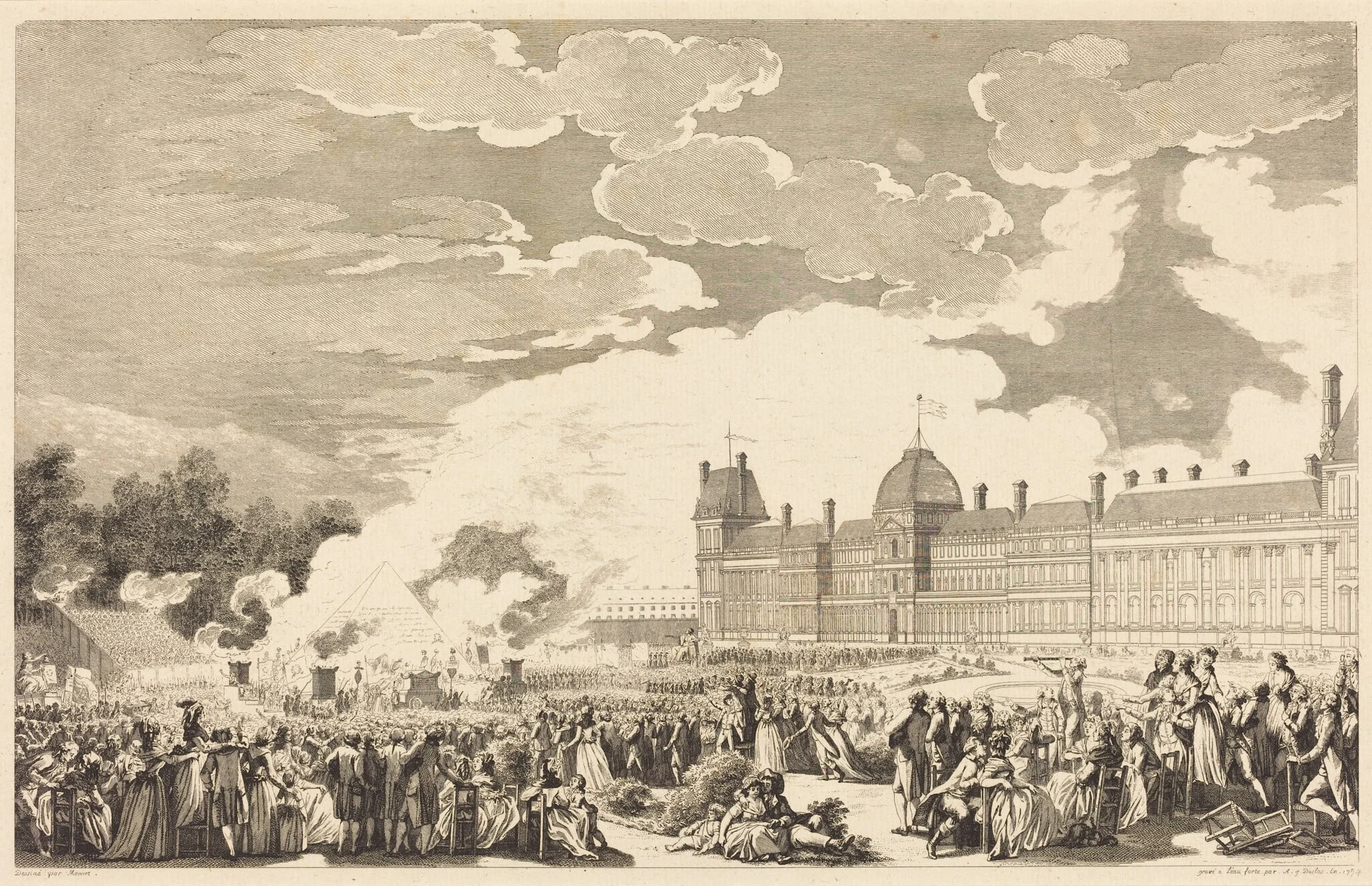 Pompe funèbre en l'honneur des Martyrs de la journée du 10, dans le Jardin National le 26 Aout 1792, by Antoine-Jean Duclos, ink, 1794