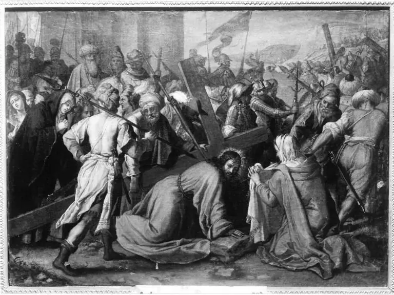 Christ, carrying the Cross, meets Veronica