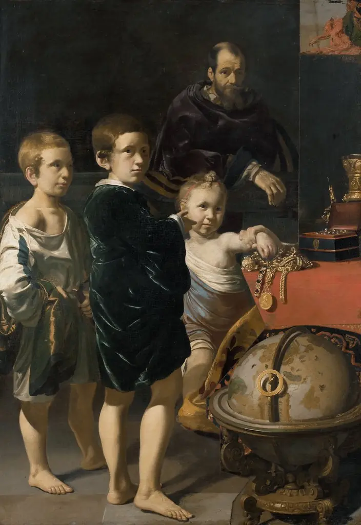 Portrait of three children and a man
