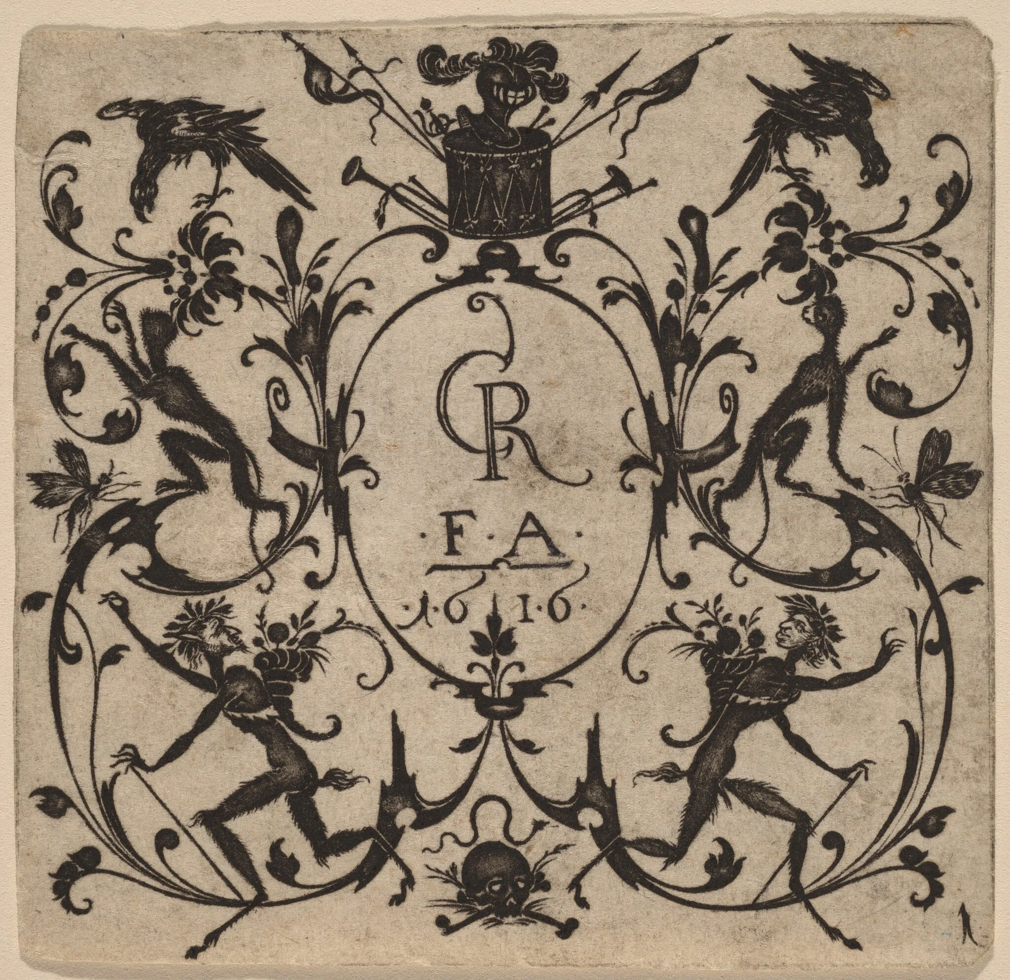 Ornament with Grotesque, by Master CR, ink, 1616