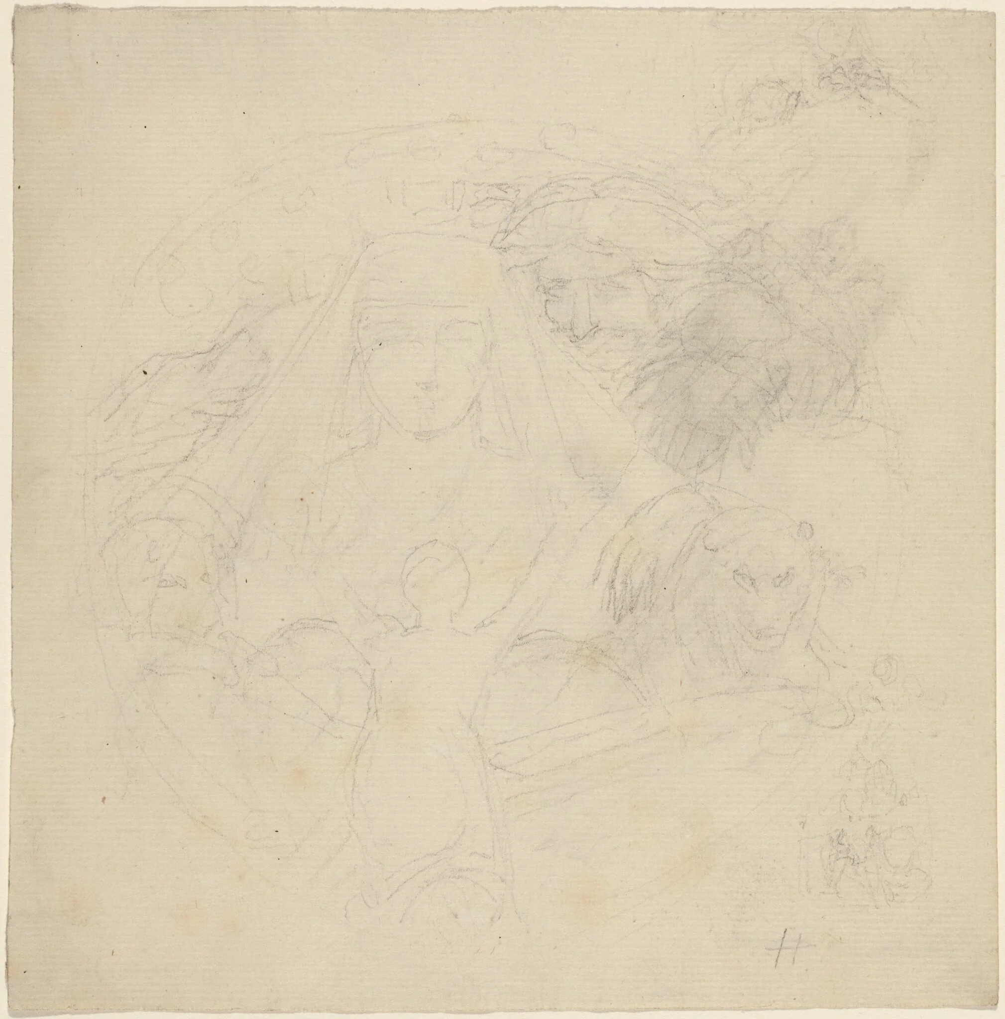 Figure Seen from behind Praying to an Apparition of a Head with Lions Below, by John Flaxman, graphite, 1790