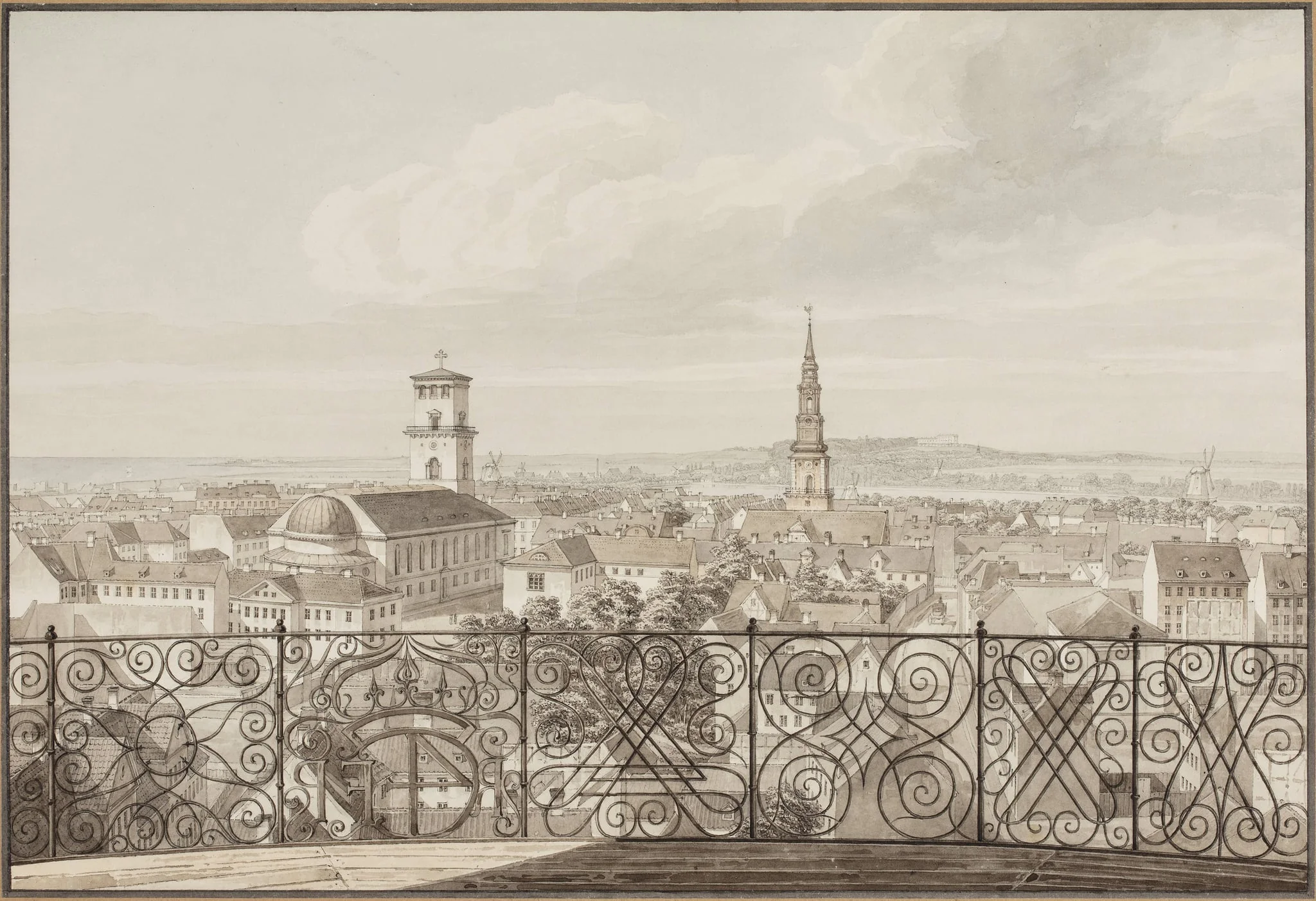Udsigt fra Rundetårn over København til Frederiksberg Slot, by Unknown, unspecified, 1832
