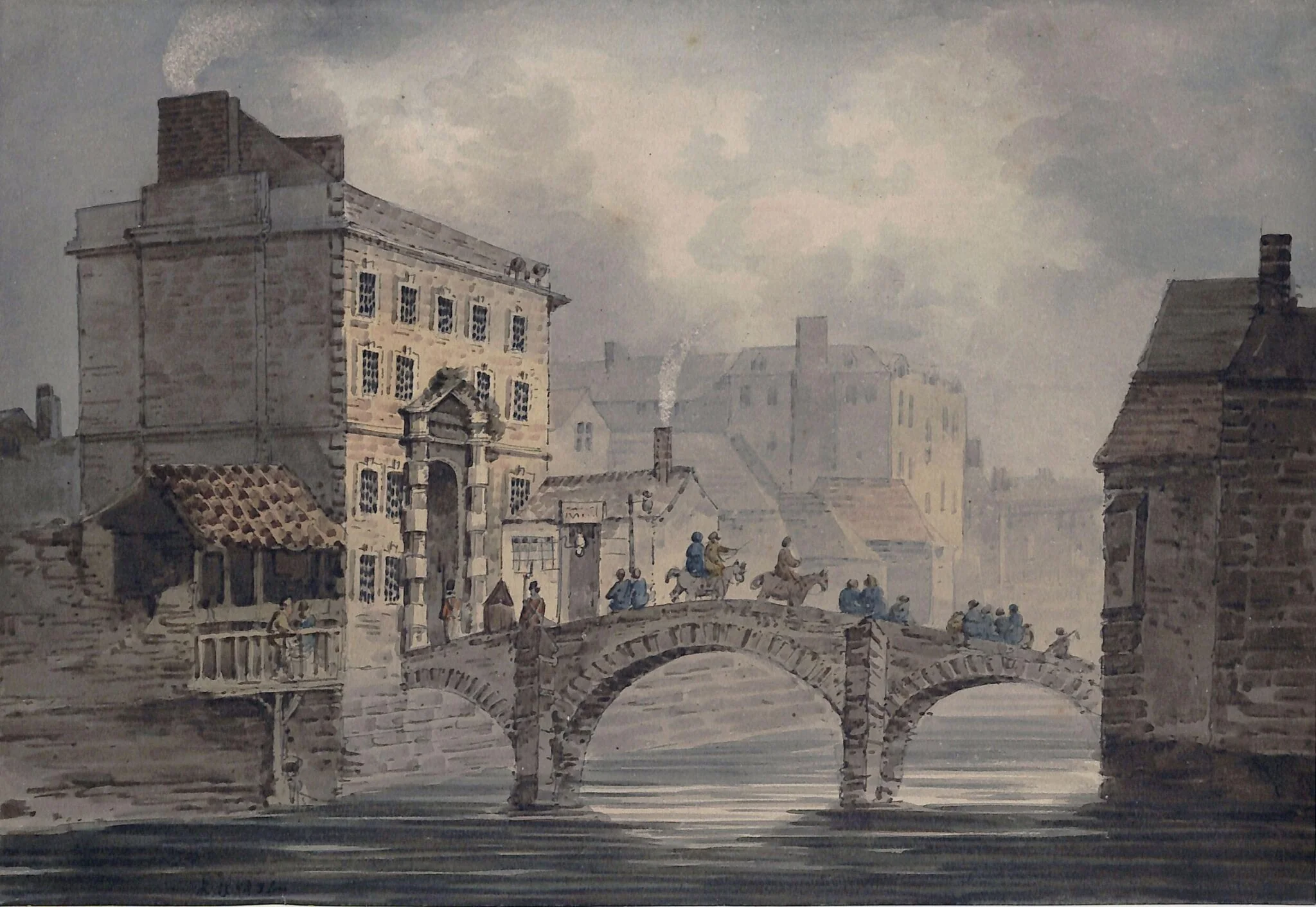 A Bridge over a River in a Town, by Edward Dayes, watercolor, 1792