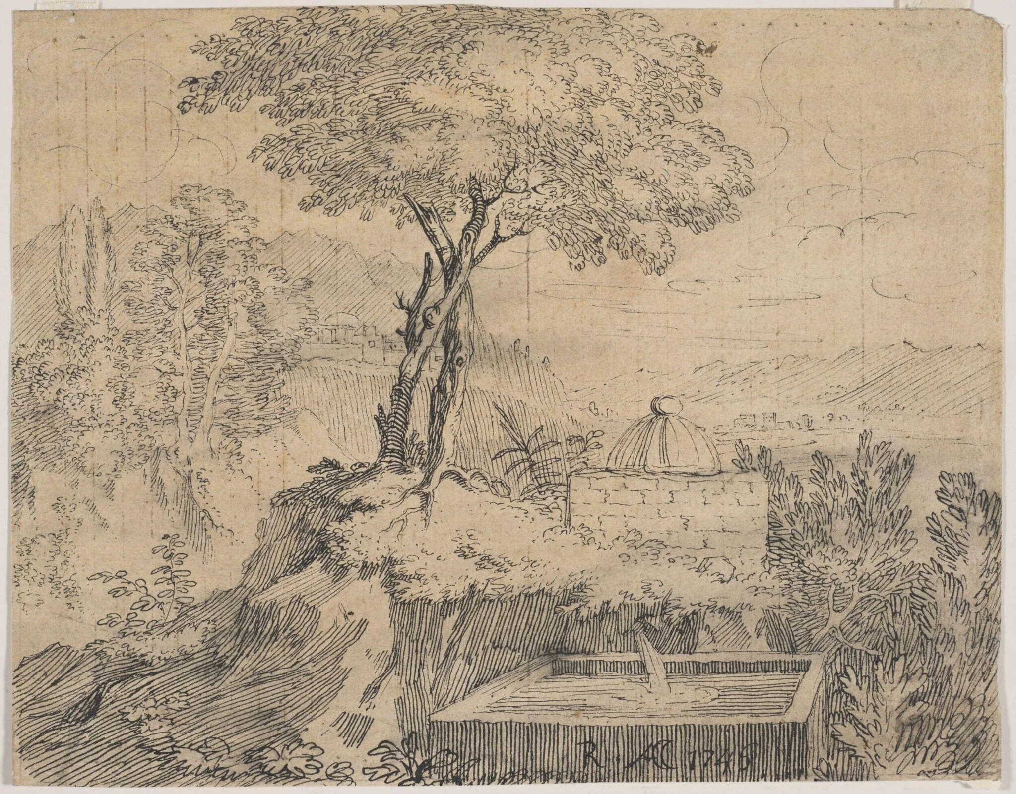 Landscape near Rome, with a cistern in the foreground, by Cozens, 1746