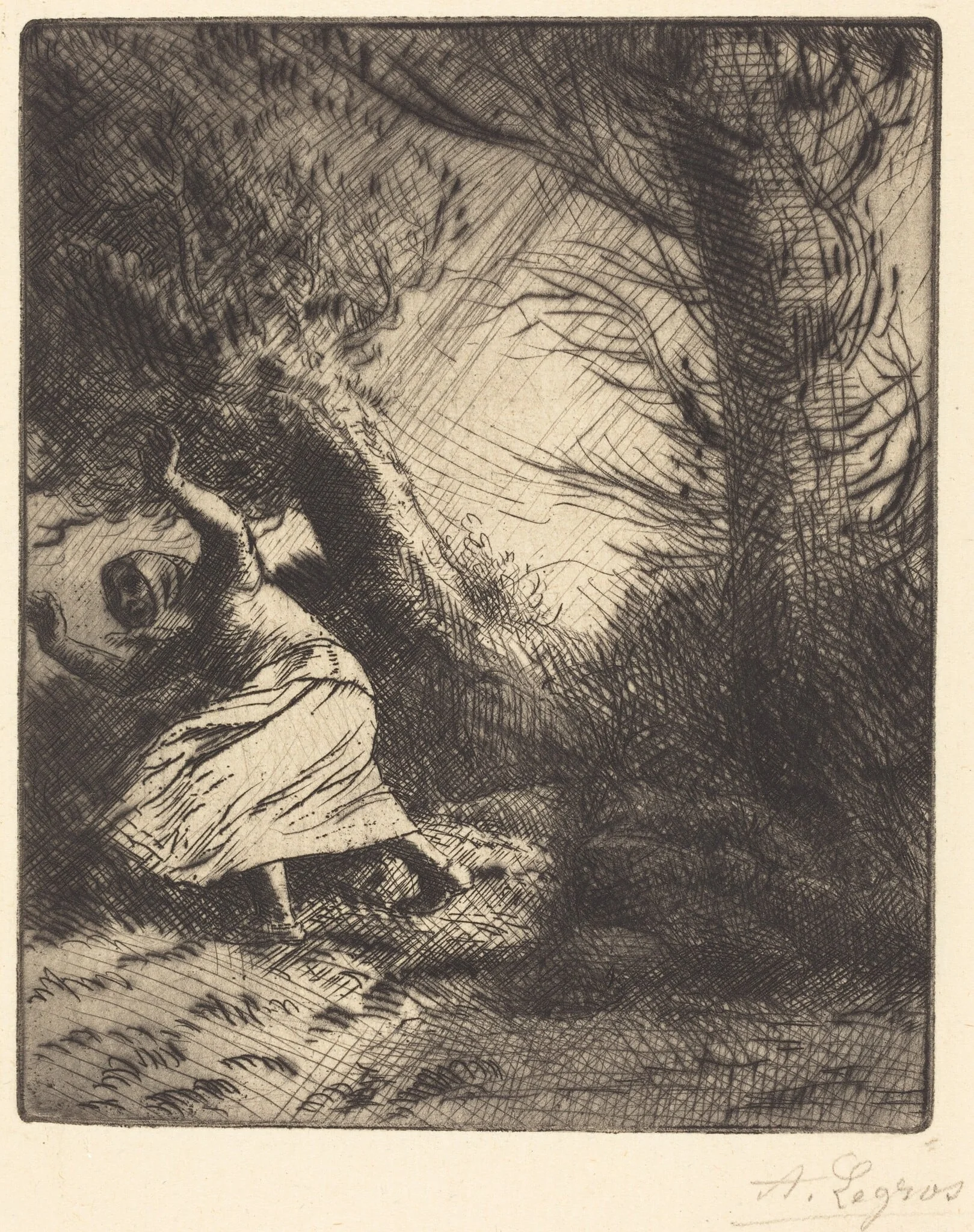 Thunder (Un coup de foudre), by Alphonse Legros, ink, 1874