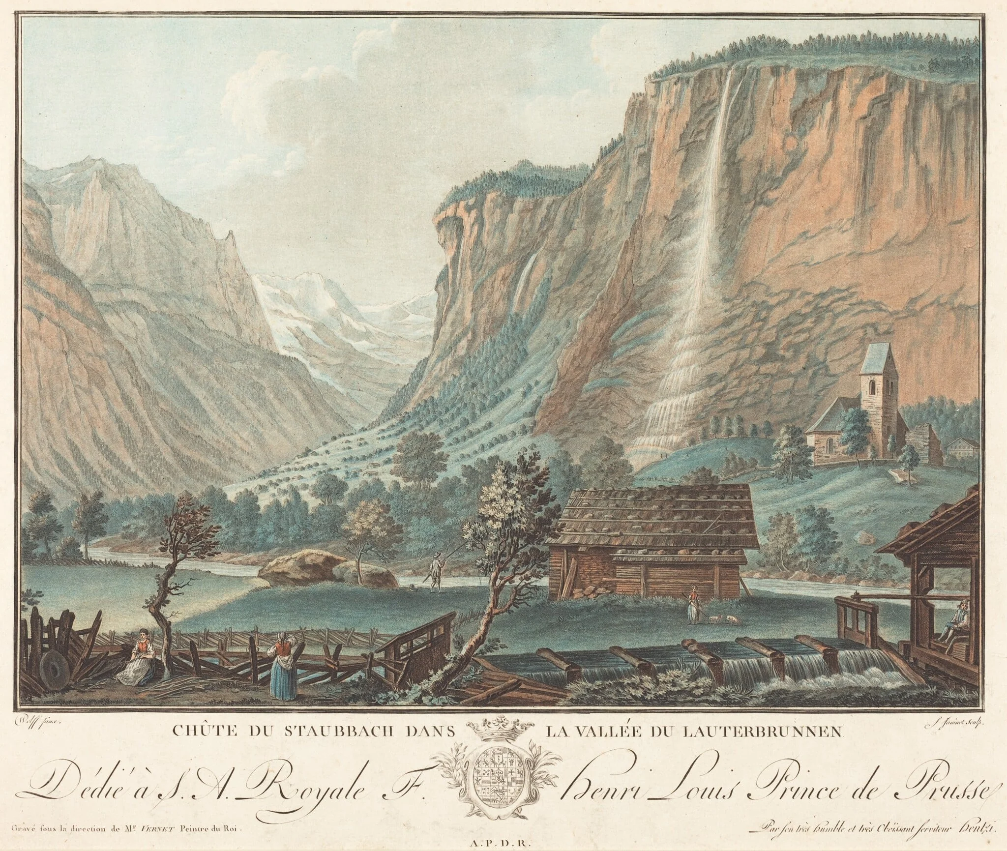 Chute de Staubbach, dans la Vallée de Lauterbrunnen (Falls at Staubbach in the Lauterbrunnen Valley), by Jean-François Janinet, ink, 1776