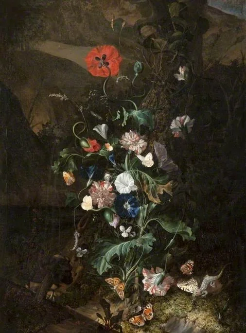 An Arrangement of Flowers by a Tree Trunk, by Rachel Ruysch, oil, 1692