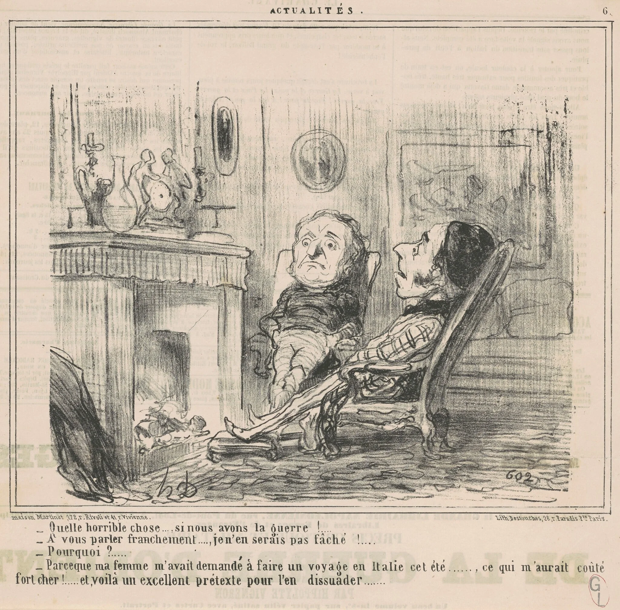 Quelle horrible chose ... si nous avons le guerre! ..., by Honoré Daumier, ink, 1859