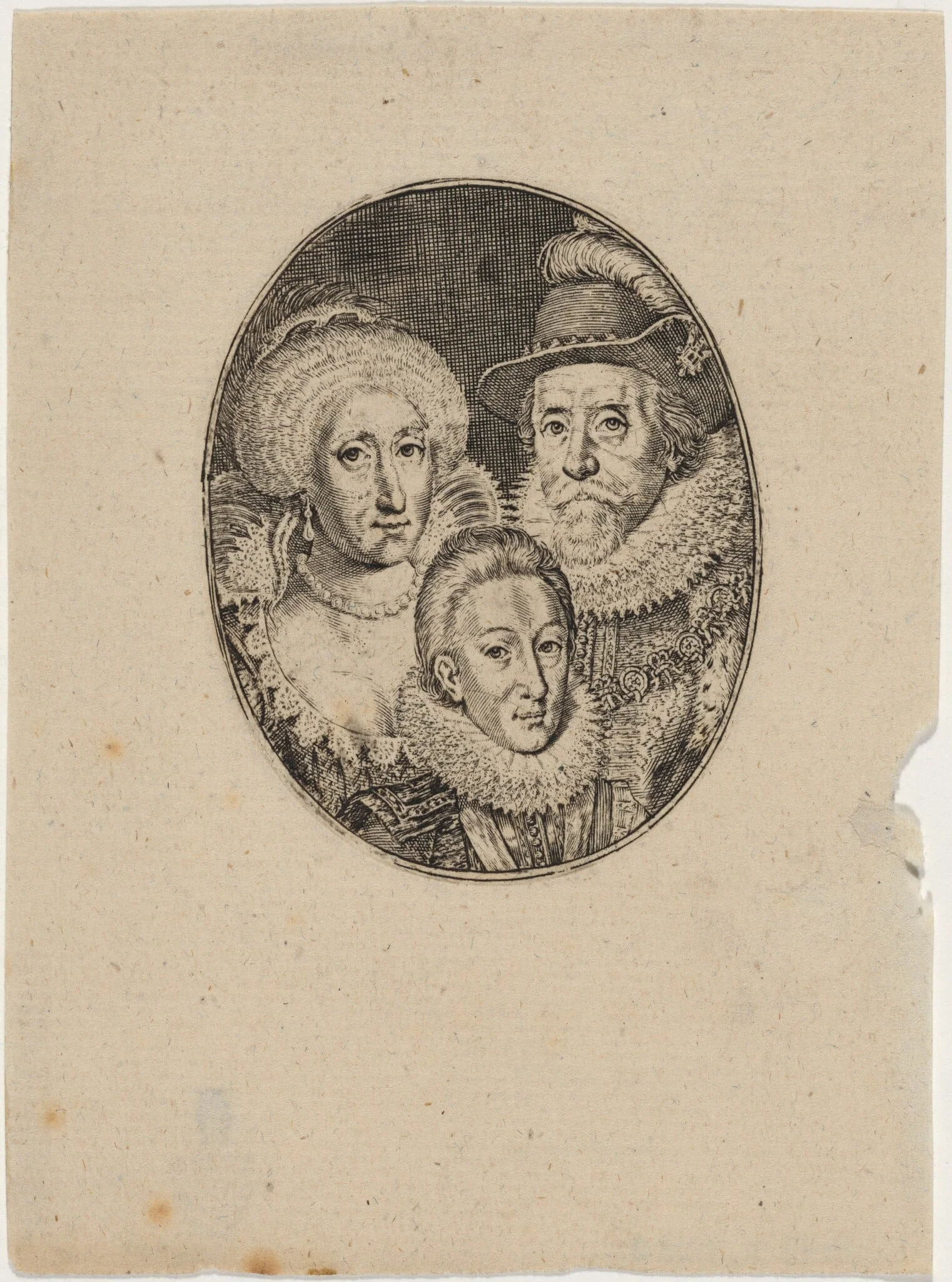 James I, Anne of Denmark, and Prince Charles, by Simon van de Passe, ink, 1621