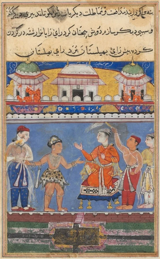The dervish brings the King of Kings before the king of Bahilistan, from a Tuti-nama (Tales of a Parrot): Seventh Night, by Unknown, unspecified, 1560