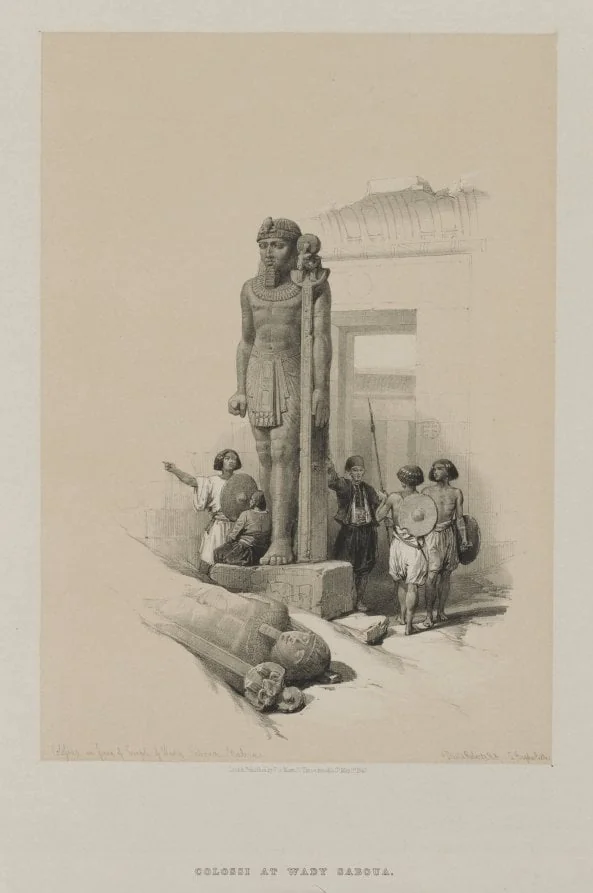 Egypt and Nubia, Volume II: Colossus in Front of the Temple at Wady Saboua, Nubia, by Louis Haghe, 1847