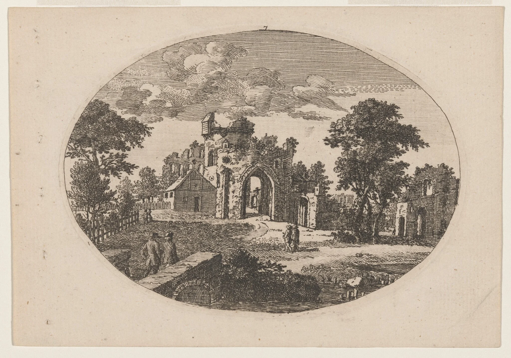 Ruins near a Stream, a Distant Building at the Foot of a Mountain, by Paul Sandby, ink, 1750