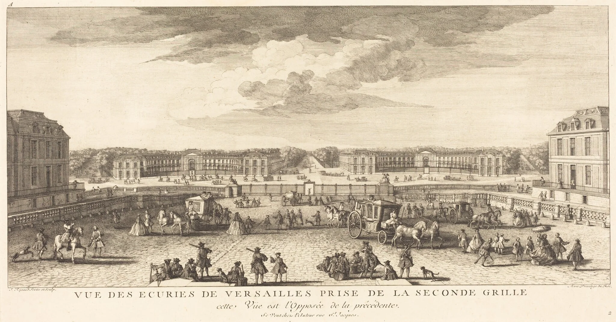 Vue des Ecuries de Versailles Prise de la Seconde Grille, by Jean-Baptiste Rigaud, ink, 1746