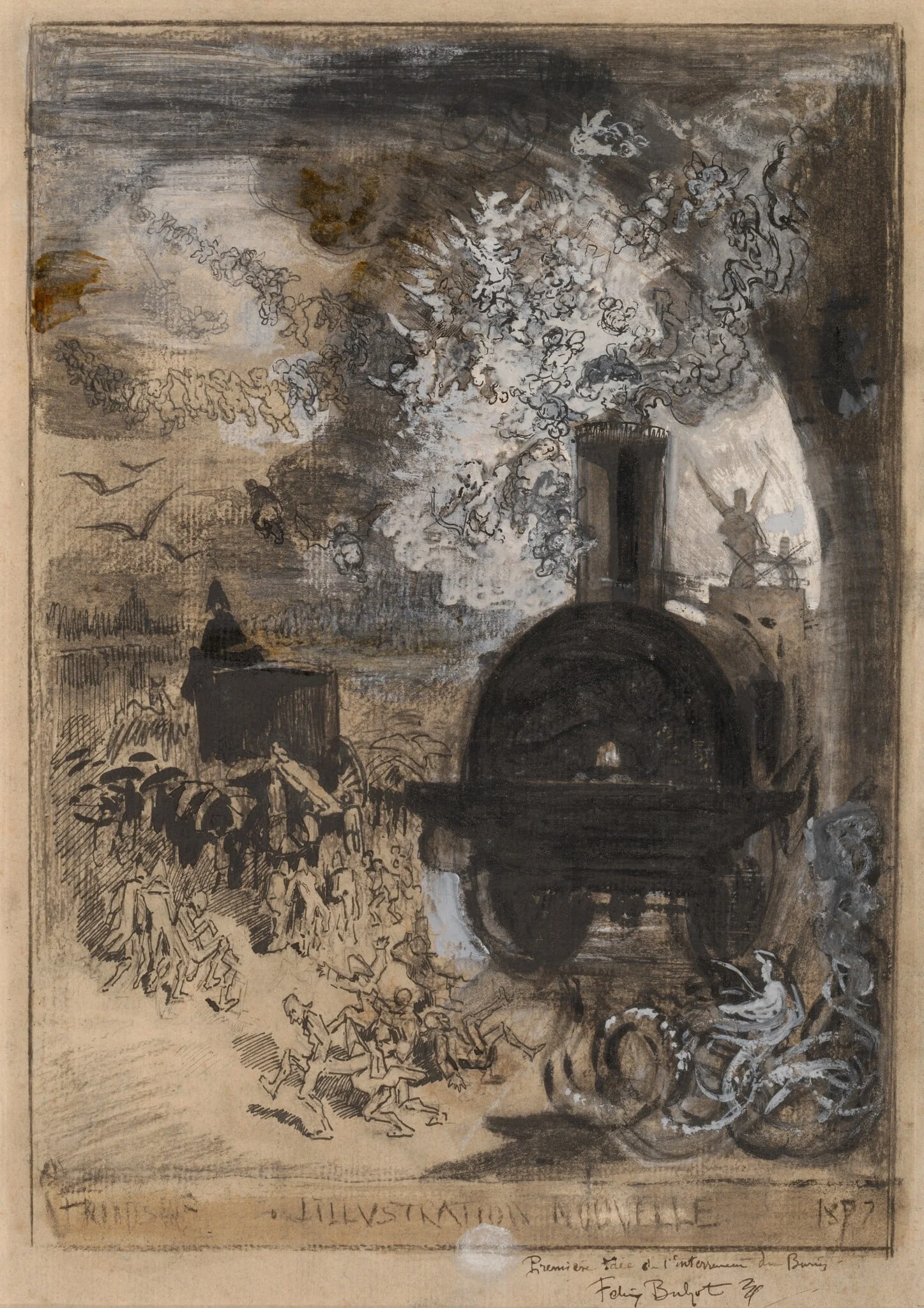 Frontispiece for L'Illustration Nouvelle: The Burial of the Burin, by Félix-Hilaire Buhot, ink, 1877