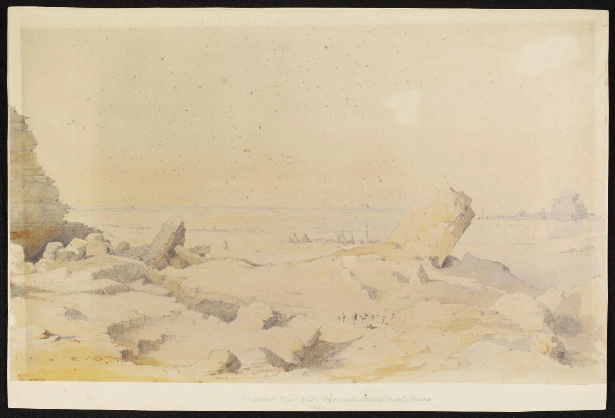 Distant View of the Pyramids - from the Desert at Cairo,, by Unknown, watercolor, 1847