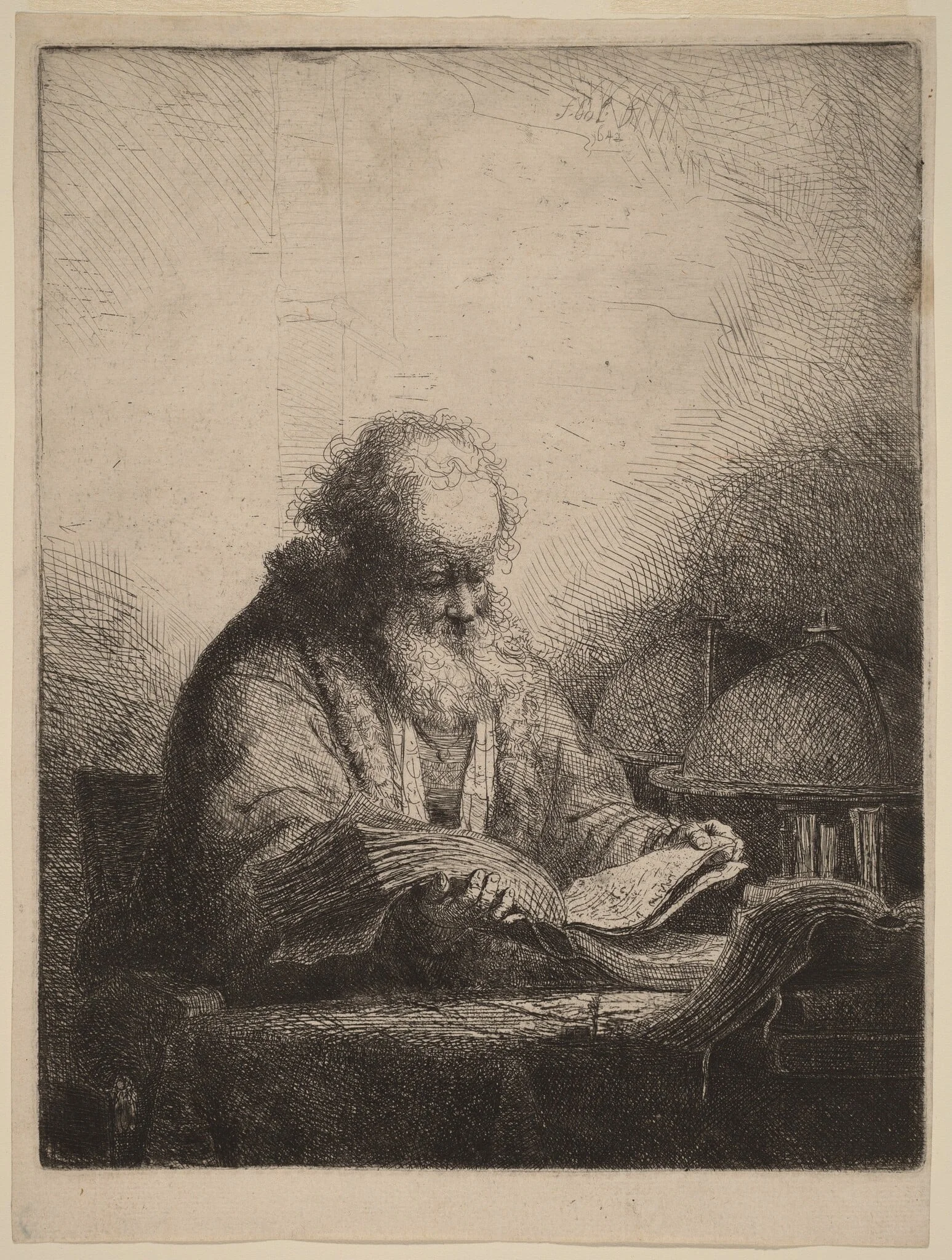 An Old Man Reading, by Ferdinand Bol, ink, 1642