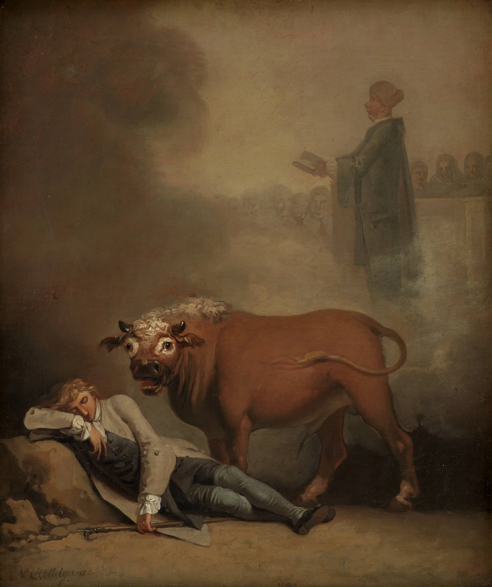 Niels Klim thinks he hears the Deacon when he is awakened by a Bull, by Unknown, 1786