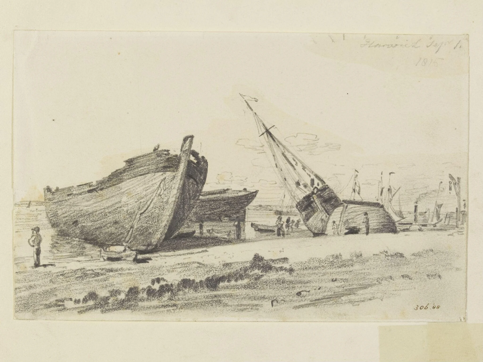 The breakwater at Harwich, with ships on the beach