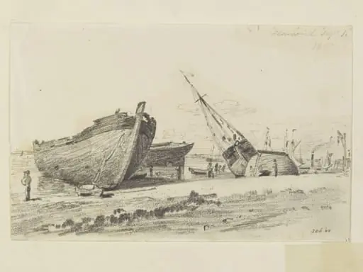 The breakwater at Harwich, with ships on the beach