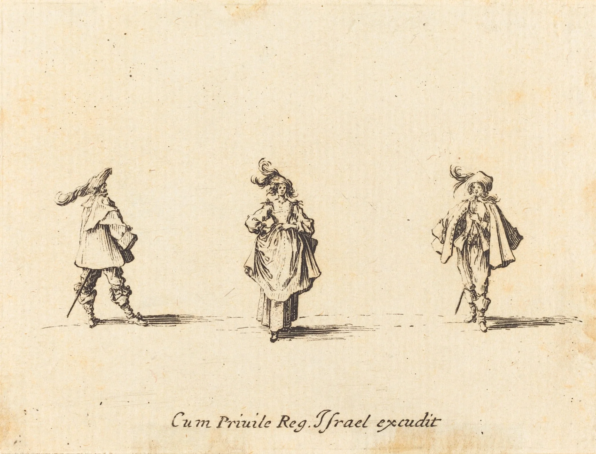 Lady with Plumes, and Two Gentlemen, by Jacques Callot, ink, 1634
