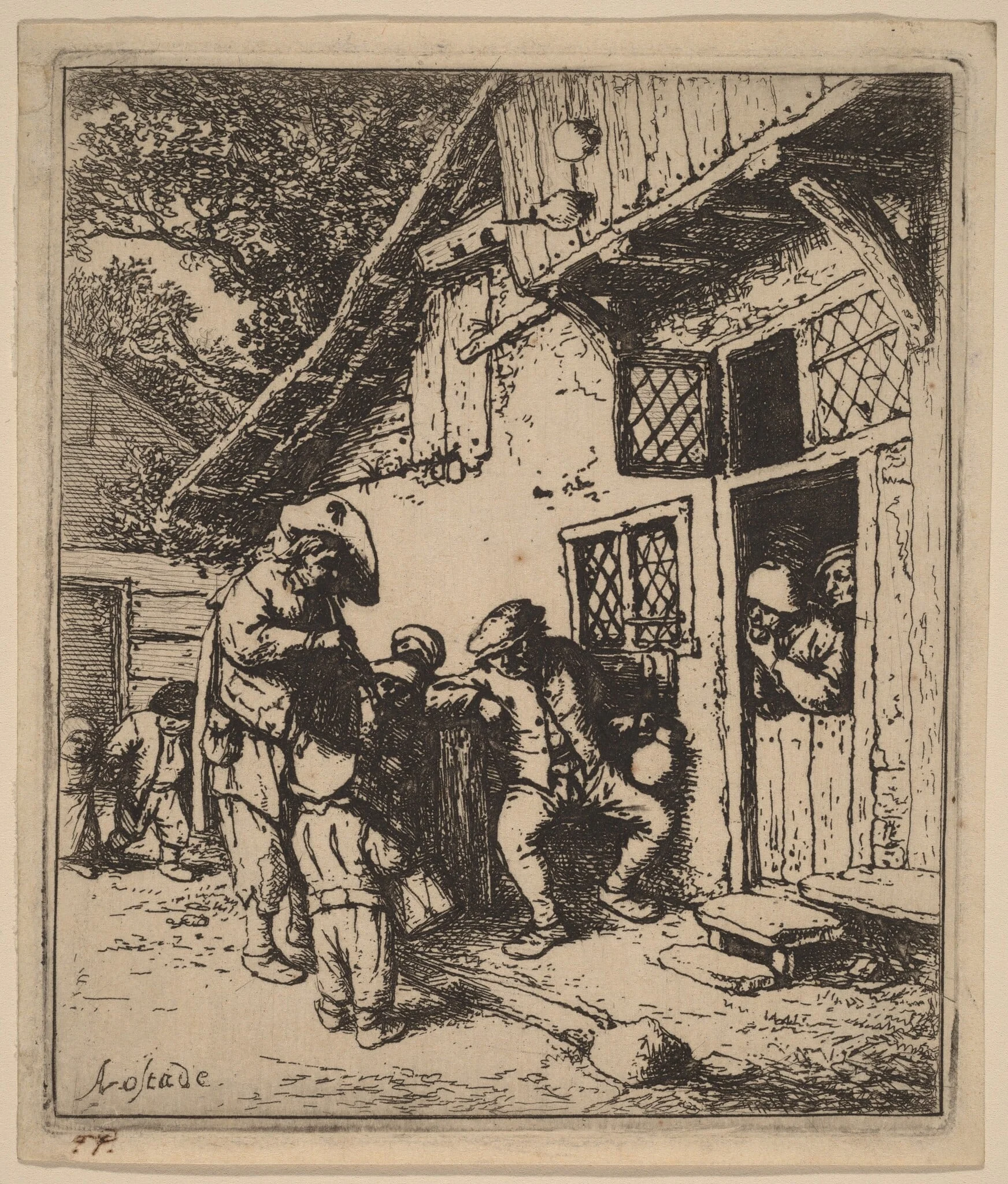 Peasants Outside an Inn Entertained by Musicians with a Flute and a Drum, by Adriaen van Ostade, ink, 1653