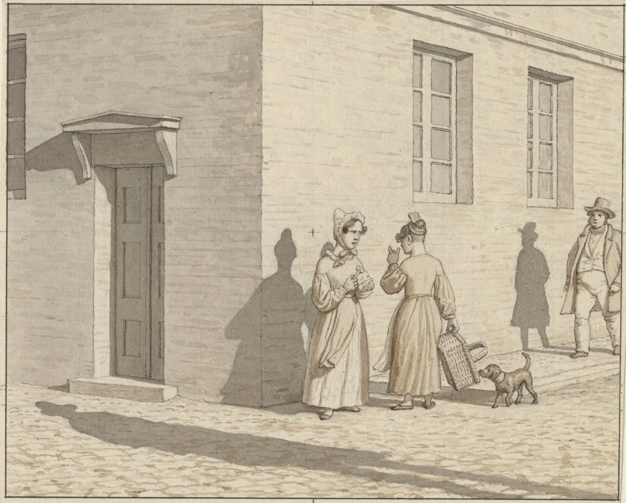 Linear Perspective as Applied in Painting - Plate VII, 1 - A Street Corner Encounter, by Unknown artist, unspecified, 1838