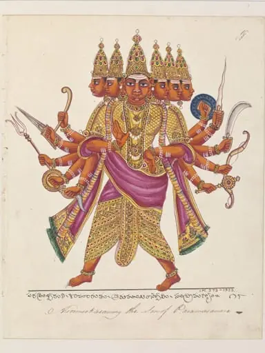 Subrahmanya, with six heads, in his form as Shanmukha (Arumukha)