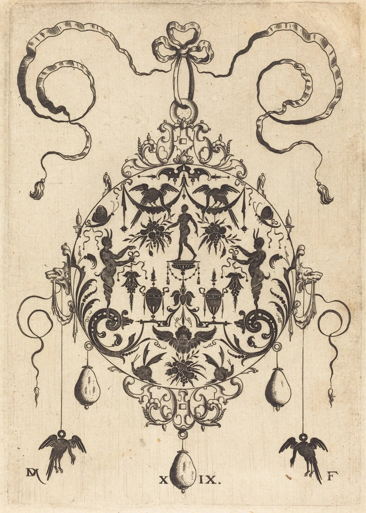 Large Pendant, In Circular Form, Nude Man Flanked by Two Herms