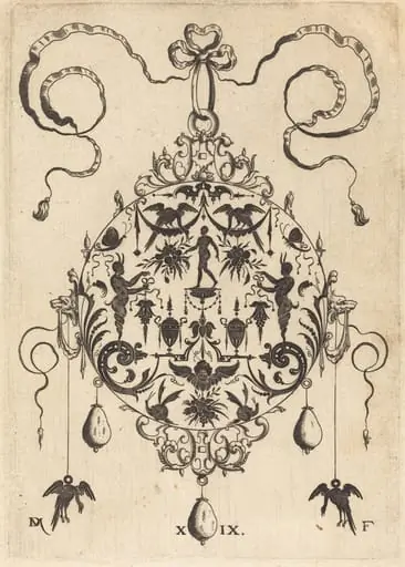 Large Pendant, In Circular Form, Nude Man Flanked by Two Herms