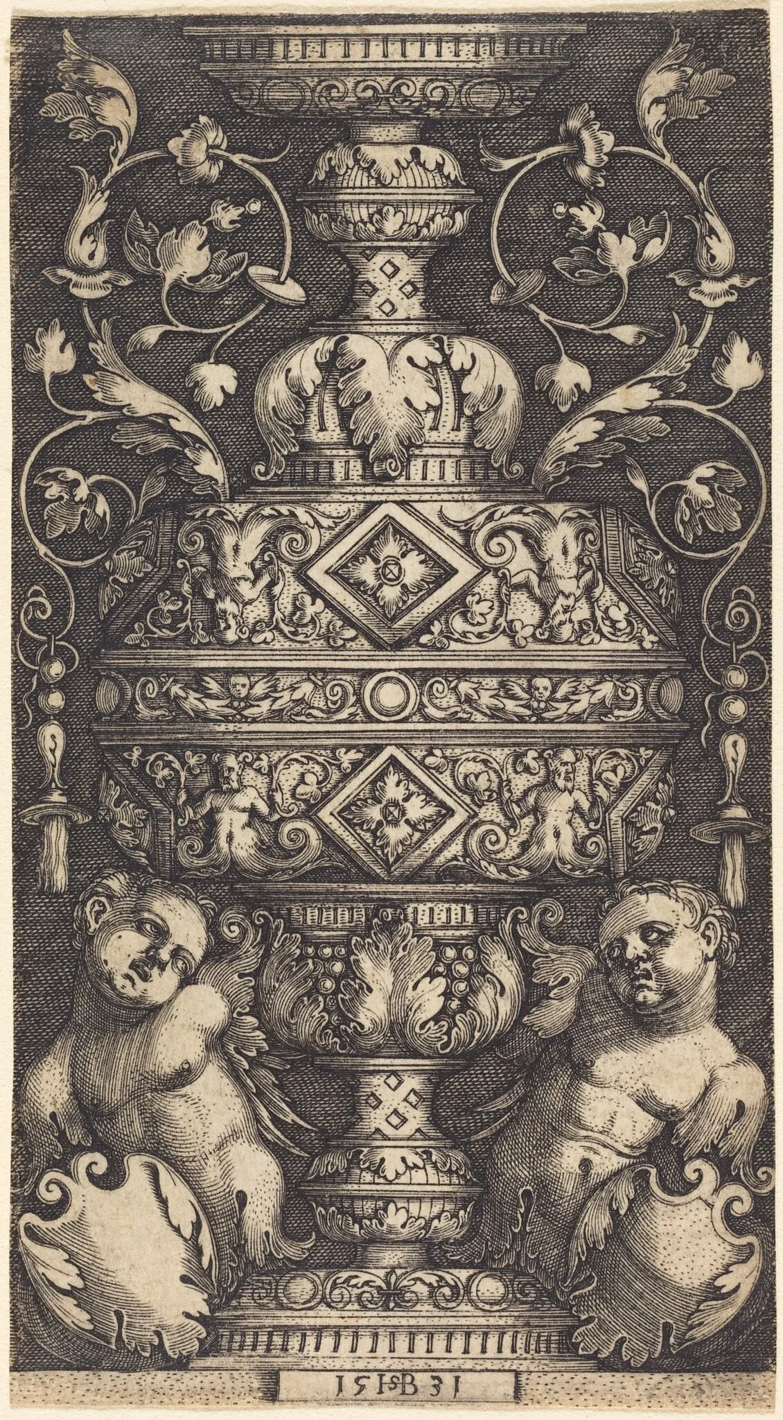 Double Goblet with Two Genii at the Base, by Sebald Beham, ink, 1531