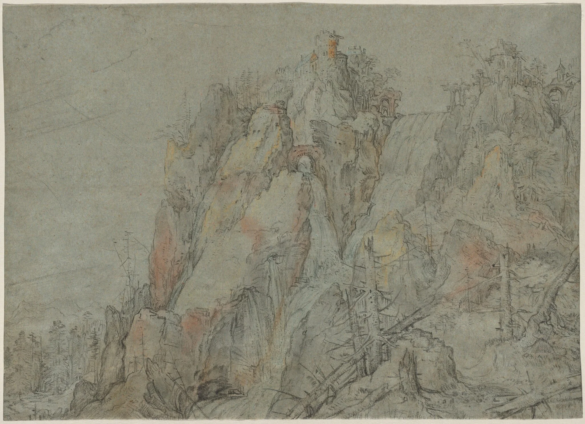 Mountainous Landscape with Castles and Waterfalls, by Roelandt Savery, chalk, 1606