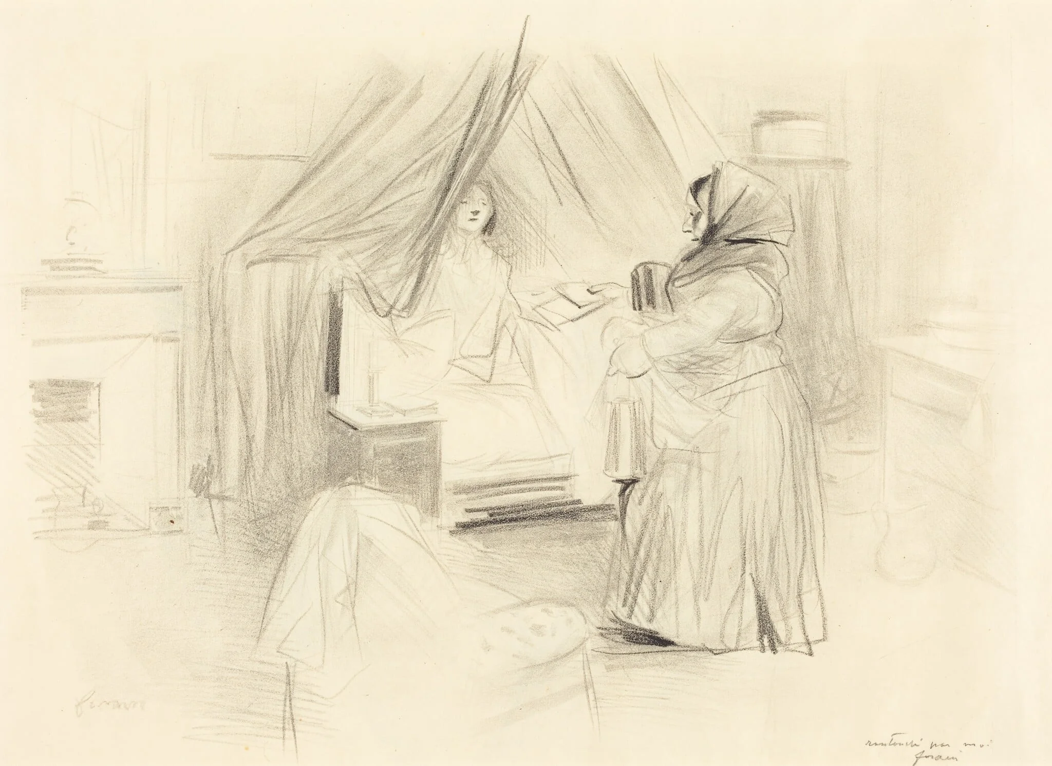 Le petit déjeuner (planche en largeur) (Breakfast) (horizontal plate), by Jean-Louis Forain, ink, 1895