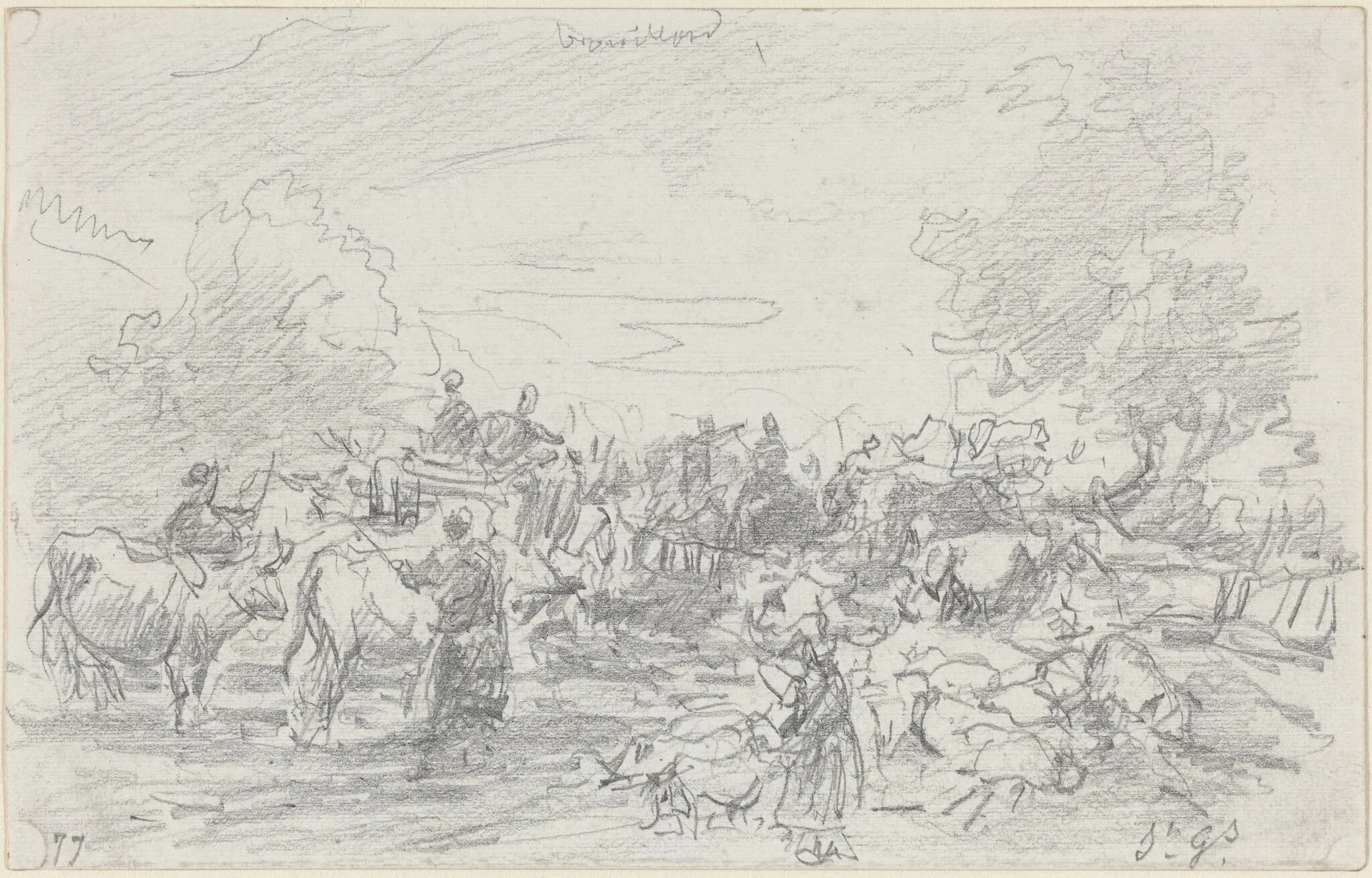 Herds Crossing a Stream, by Eugène Boudin, graphite, 1877