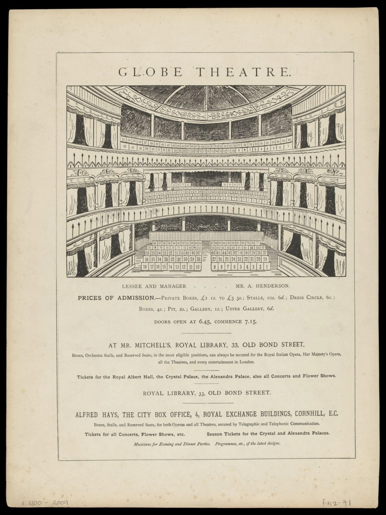 Seating plans for the Royal Court Theatre 1879-1881, and the Globe Theatre 1875-1876