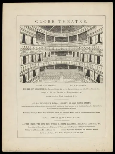 Seating plans for the Royal Court Theatre 1879-1881, and the Globe Theatre 1875-1876