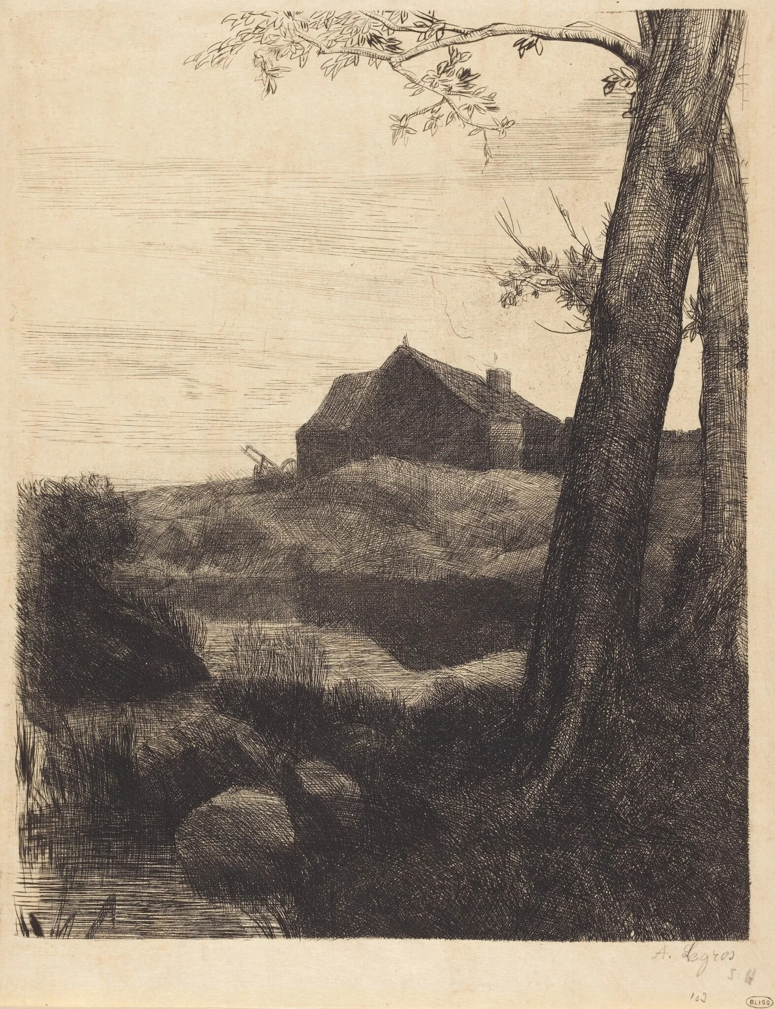 Farm with Large Tree (La ferme au grand arbre), by Alphonse Legros, ink, 1874