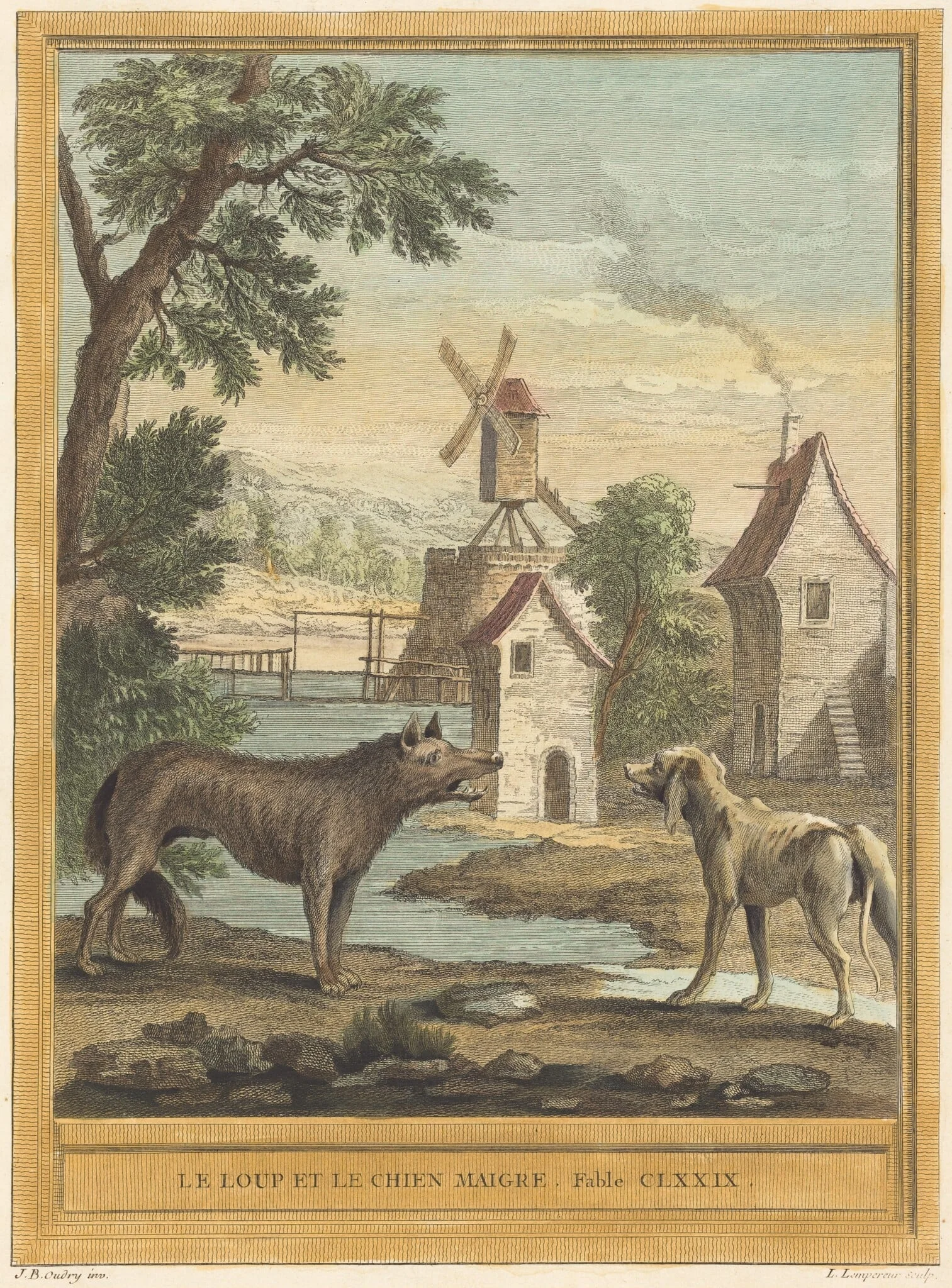 Le loup et le chien maigre (The Wolf and the Thin Dog), by Louis-Simon Lempereur, ink, 1756