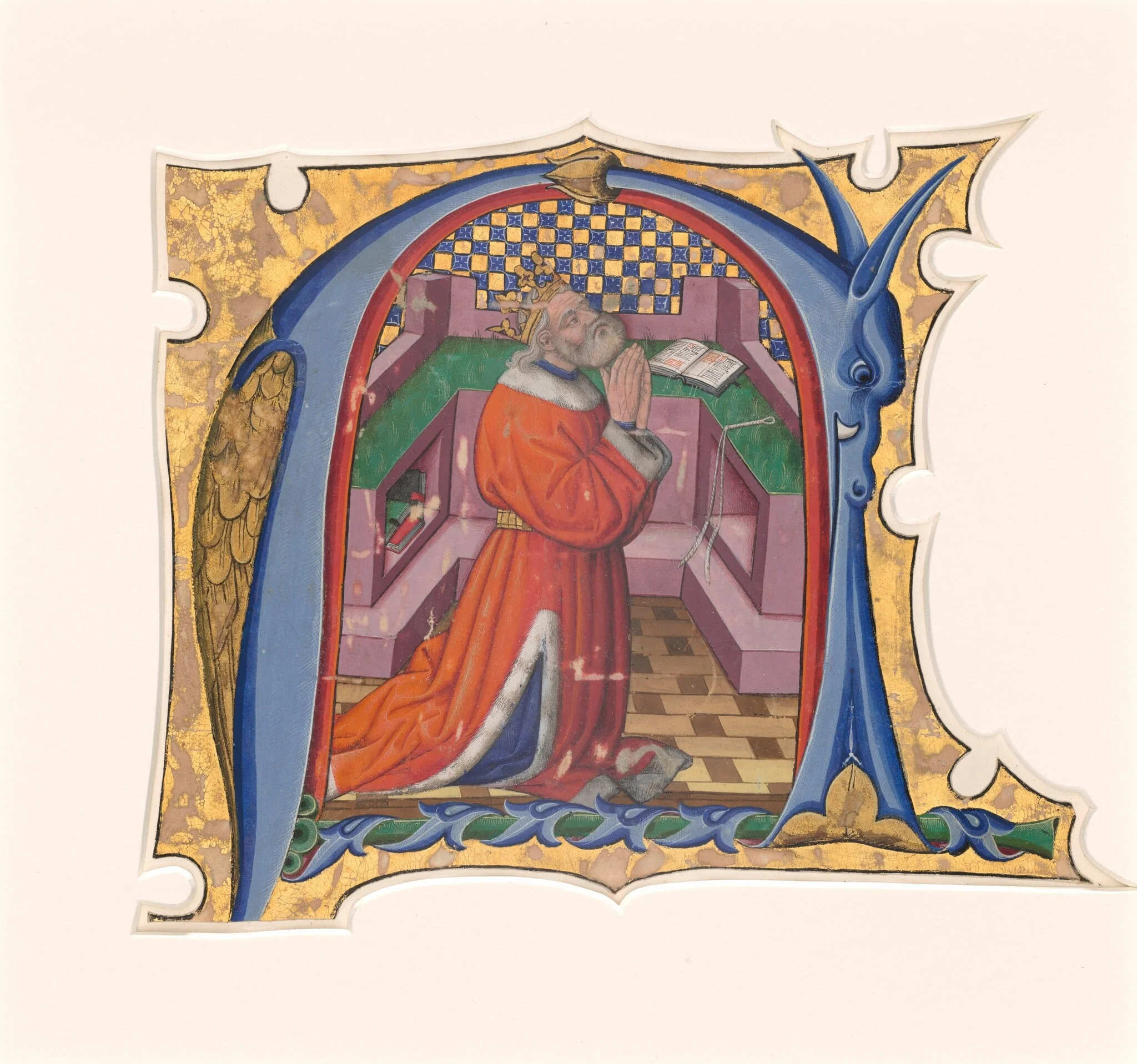 Initial N (?) with David in Prayer, by Master of the Cypresses, 1434