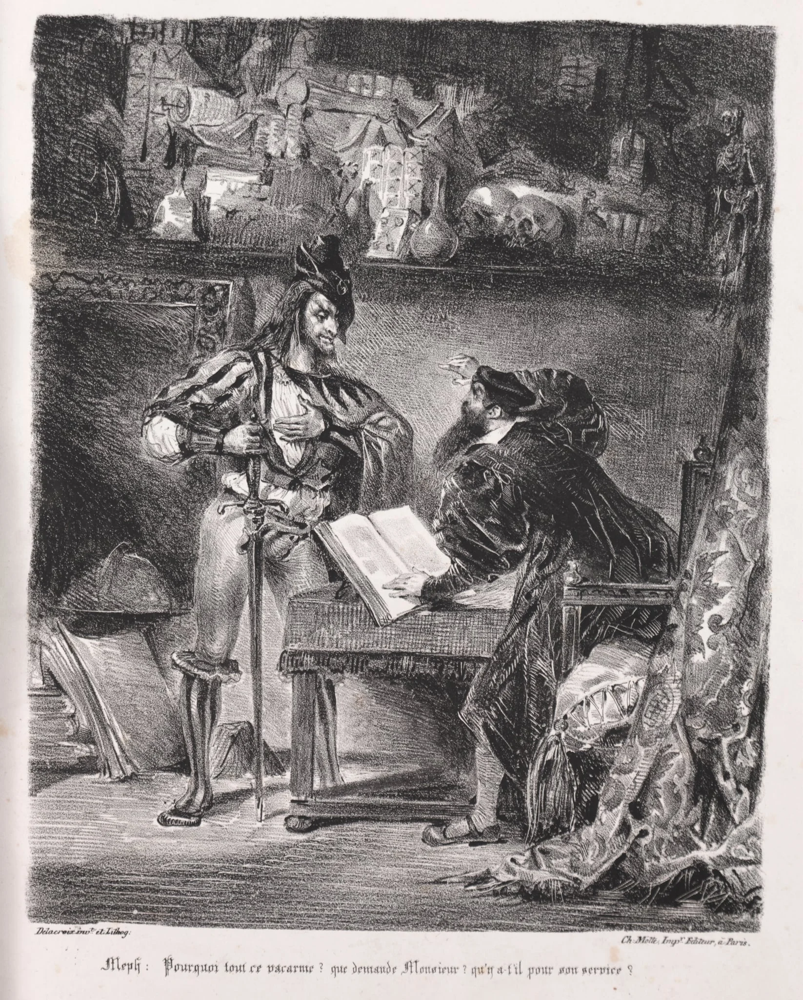 Illustrations for Faust:  Méphistophélés visits Faust, by Eugène Delacroix, 1828